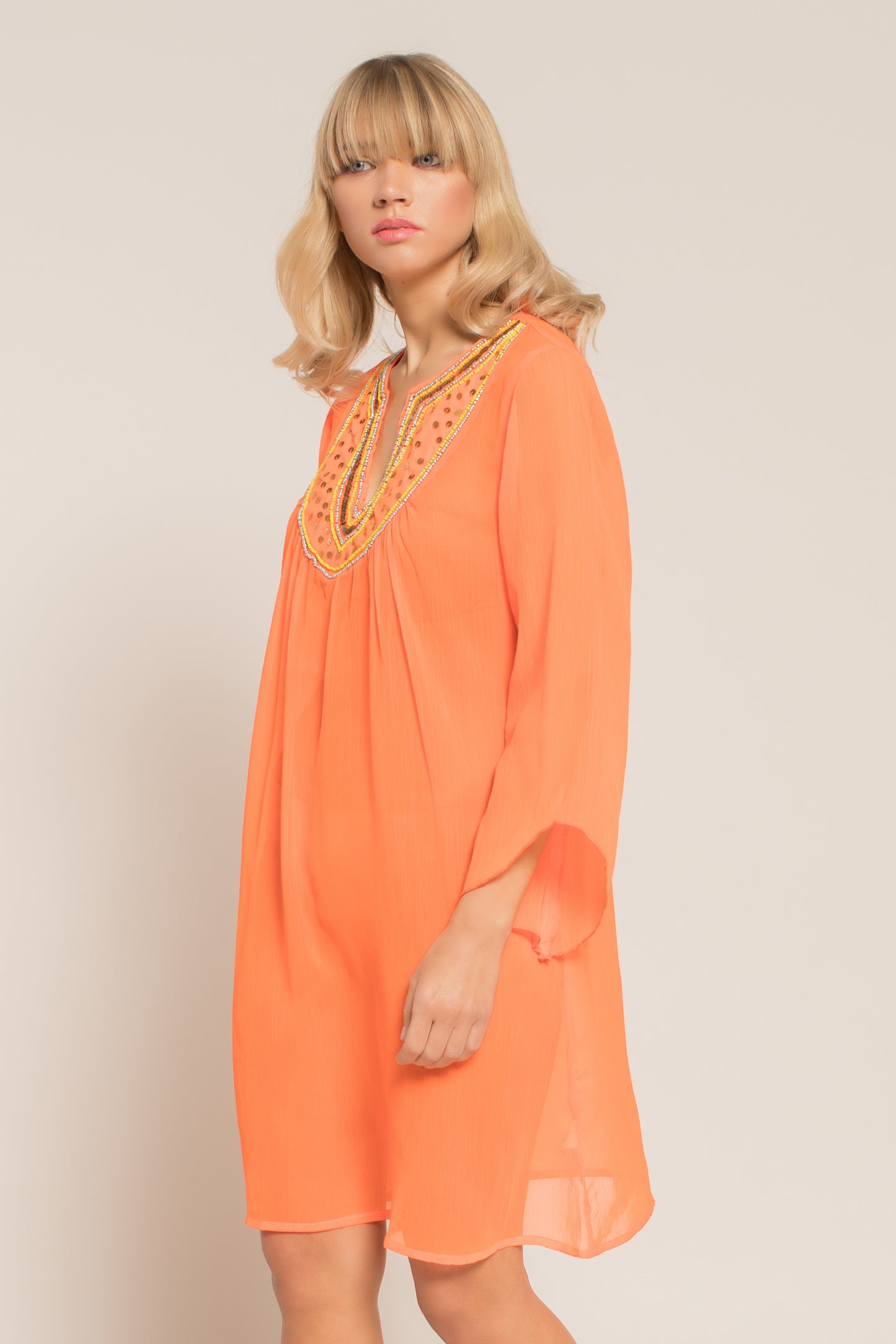 Chiffon neckline dress with applications