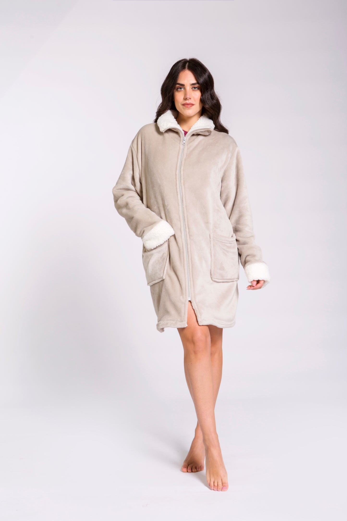 Vestaglia zip flannel con polsini e collo in sherpa