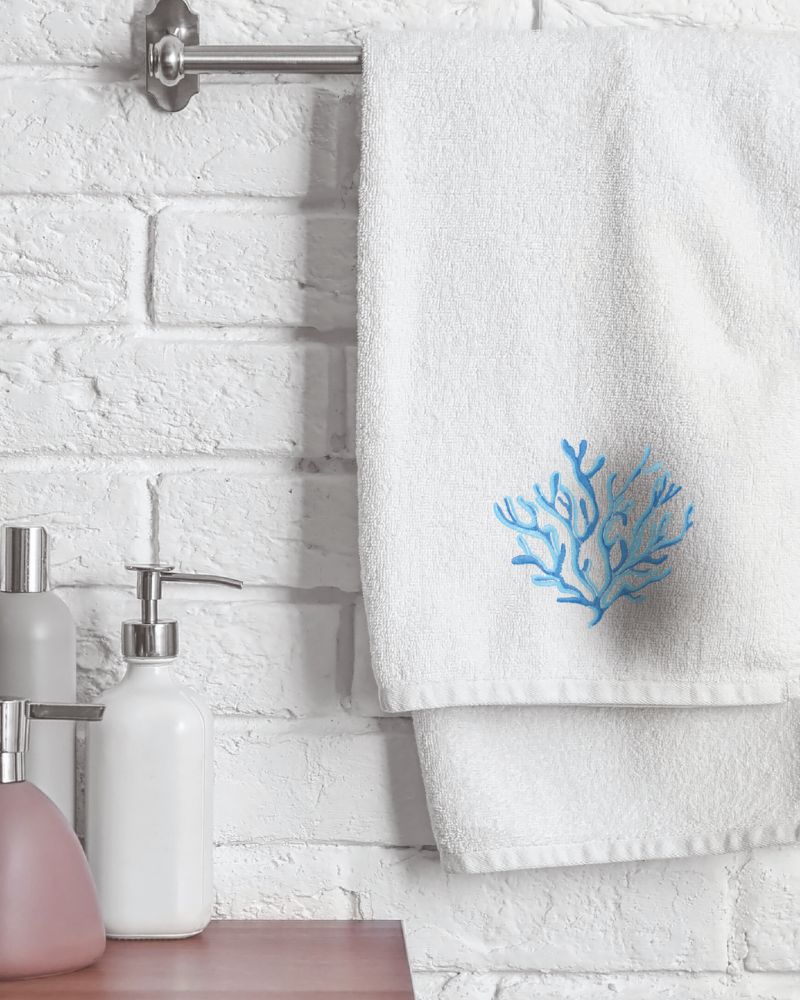 Set 1+1 con ricamo in spugna 100%Cotone AS0147 Corallo Blu - ipigiami