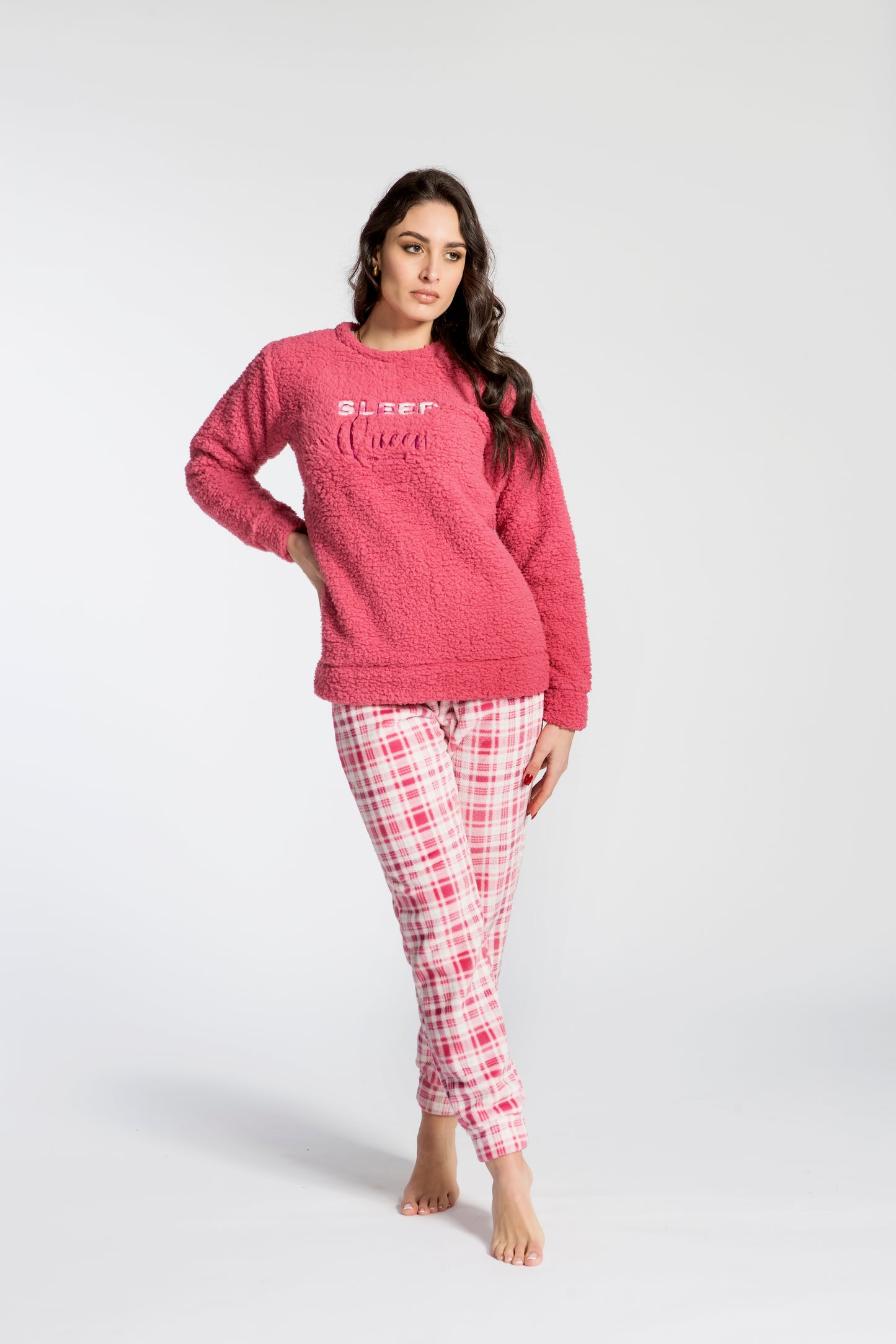 Pigiama donna top sherpa pantaloni flannel tartan love