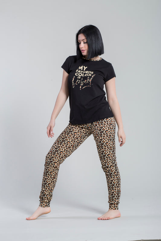 Short sleeve pajamas and long Leopard line trousers