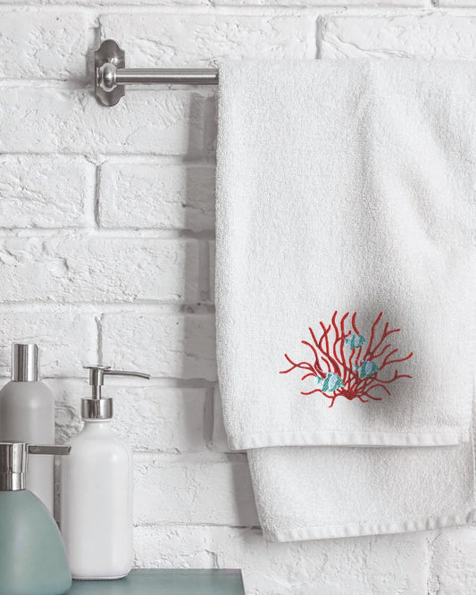 Set 1+1 with 100% Cotton sponge embroidery AS0148 Coral and Turquoise Fish